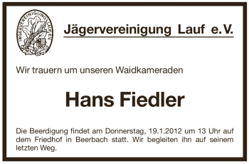 Traueranzeige von Hans Fiedler von Pegnitz-Zeitung